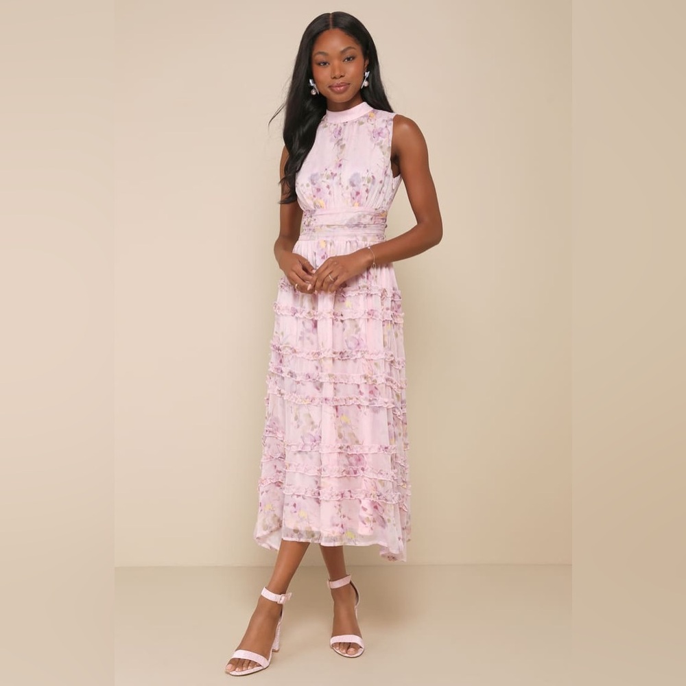 Lulus Happily Sweet Eden Light Pink Floral Sleeveless Ruffle Chiffon Midi Dress - Picture 5 of 10